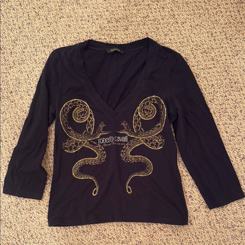 Roberto Cavalli Black and Gold Fitted Blouse 3/4 Sleeve Size 48